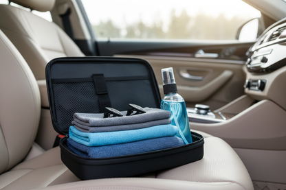 Compact interior car care kit on passenger seat