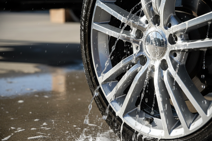 Alloy wheels sparkling post-wheel brightener with foam residue rinsing off spokes