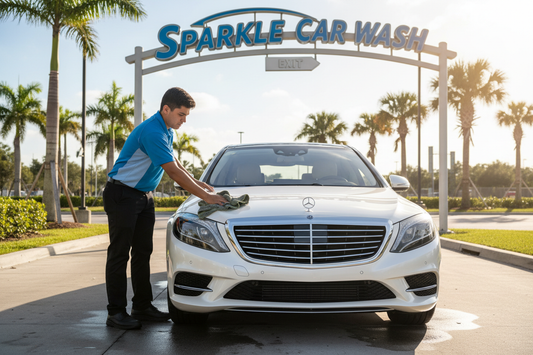 Spotless sedan being hand-dried by attendant at Sparkle Car Wash under Florida sun