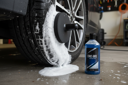 Tire foam applicator creating thick lather on sidewall with gel dressing bottle nearby