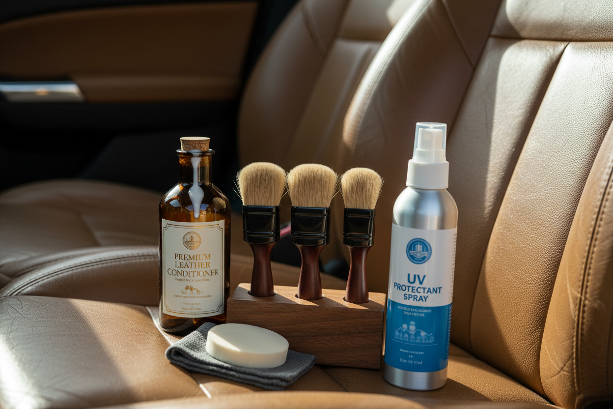 Leather care brush set with conditioner bottle and UV spray arranged on seat
