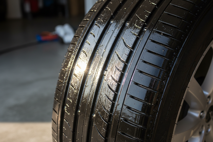 Glossy black tire sidewall after tire shine