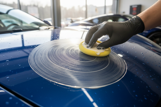 Hand applying carnauba wax with foam pad on car hood in circular motions