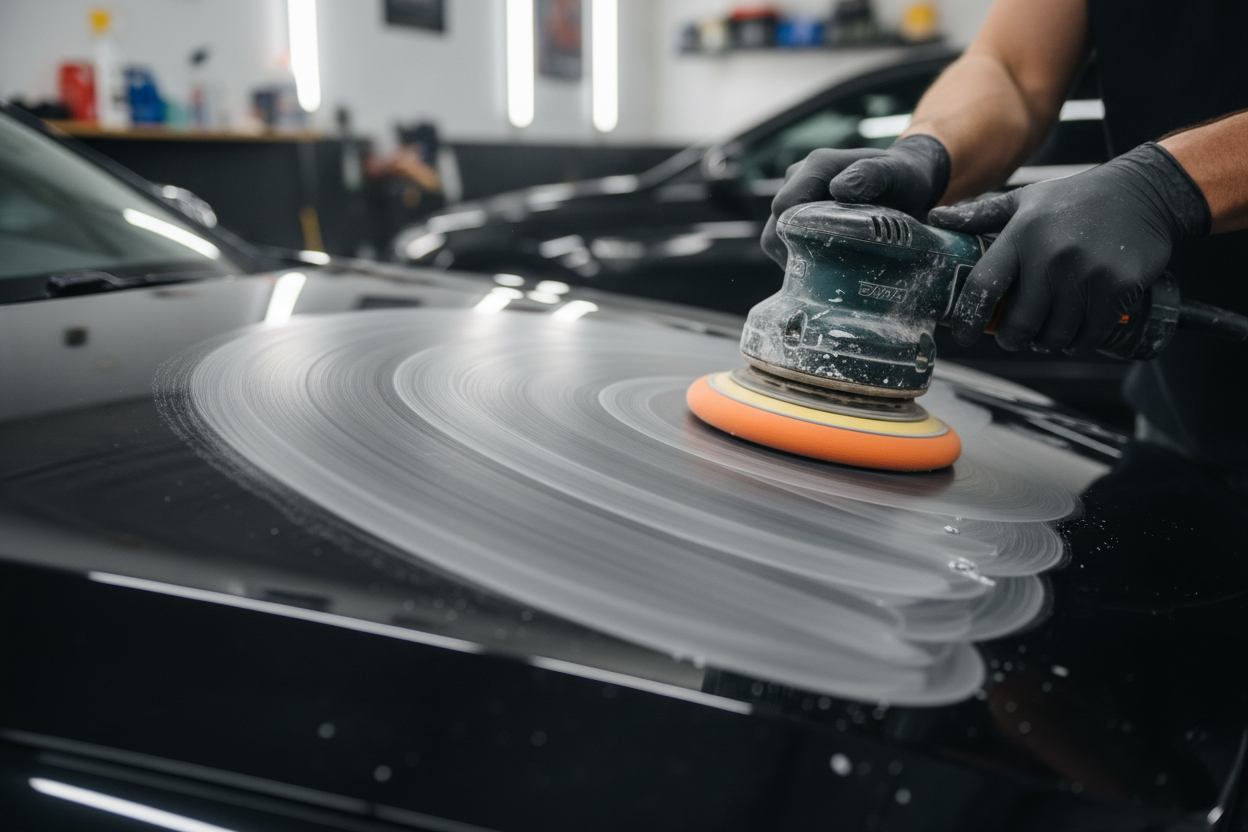 DA polisher with foam cutting pad working 3-step polish on car hood