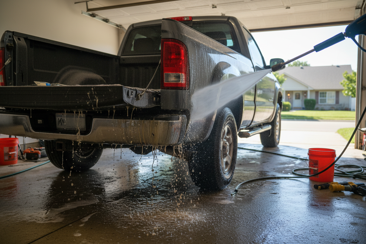 Pickup truck undercarriage being rinsed with high-pressure nozzle