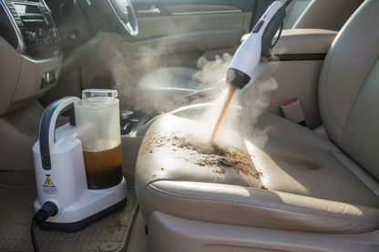 Portable upholstery cleaner steaming car seat with visible dirt extraction