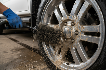 Stiff bristle wheel brush scrubbing truck wheel with mud dissolving