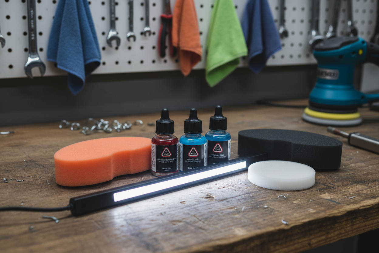Three mini polish bottles arranged with DA polisher pads and inspection light on workbench