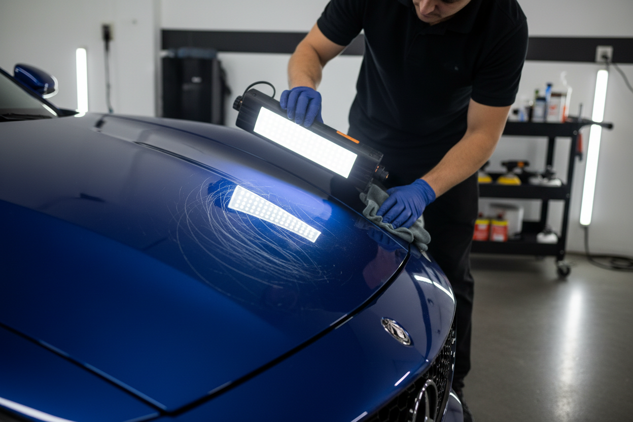Detailer using LED inspection light revealing swirl marks before polish correction