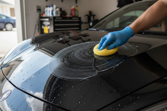 Car owner hand-applying wax in circular motions on hood with foam applicator pad