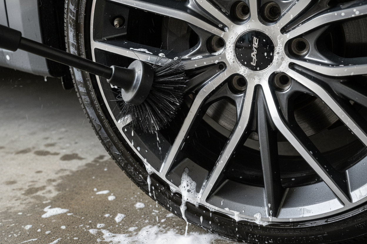 Wheel brush scrubbing brake dust from deep alloy wheel recesses with cleaner foam