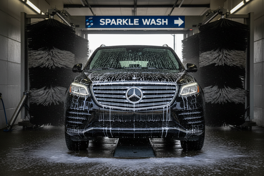 SUV with glossy clear coat protection emerging from foam tunnel at Sparkle wash