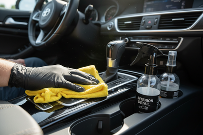 Driver wiping center console with microfiber cloth