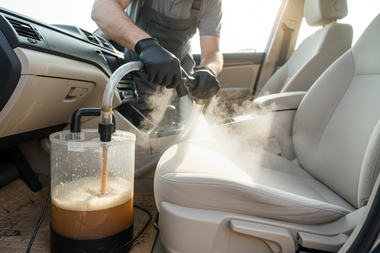 Detailer steaming front seats with portable upholstery cleaner, visible dirt extraction