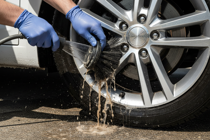 Detailer scrubbing alloy wheel with wheel brush