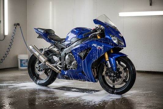 Shiny sportbike emerging from motorcycle wash bay with foam dripping off frame