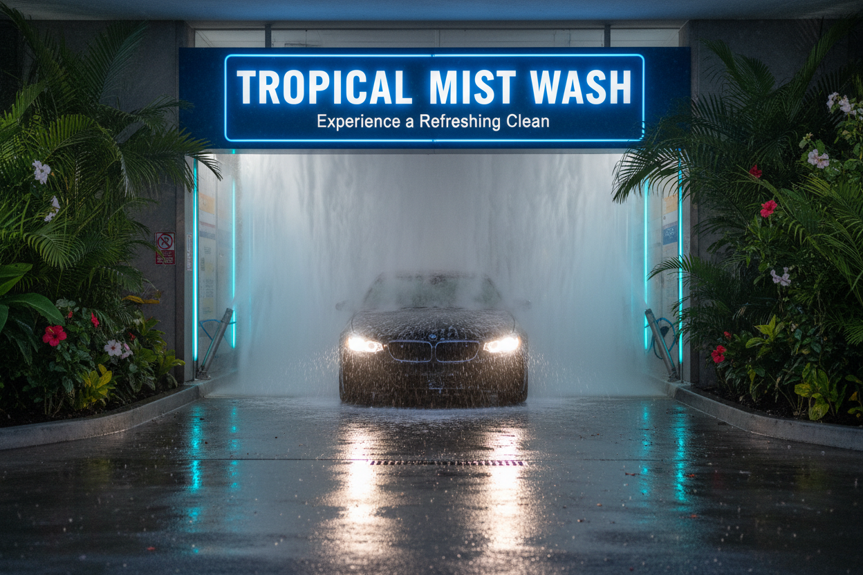 Tropical Mist wash sign at car wash bay