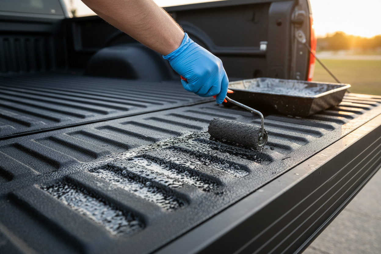 Bed liner protectant being rolled onto pickup truck bed liner