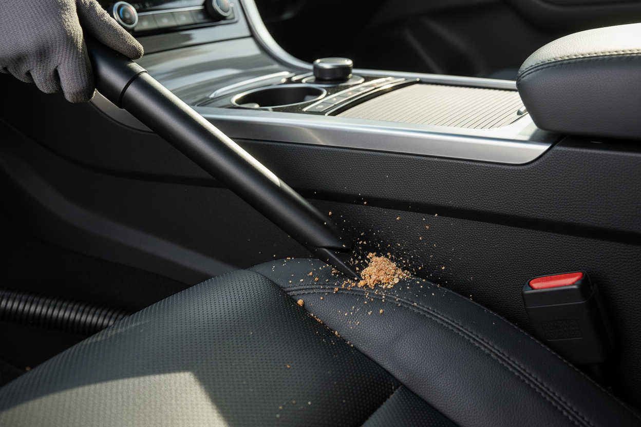 Seat gap vacuum tool reaching between seat and console removing crumbs and debris