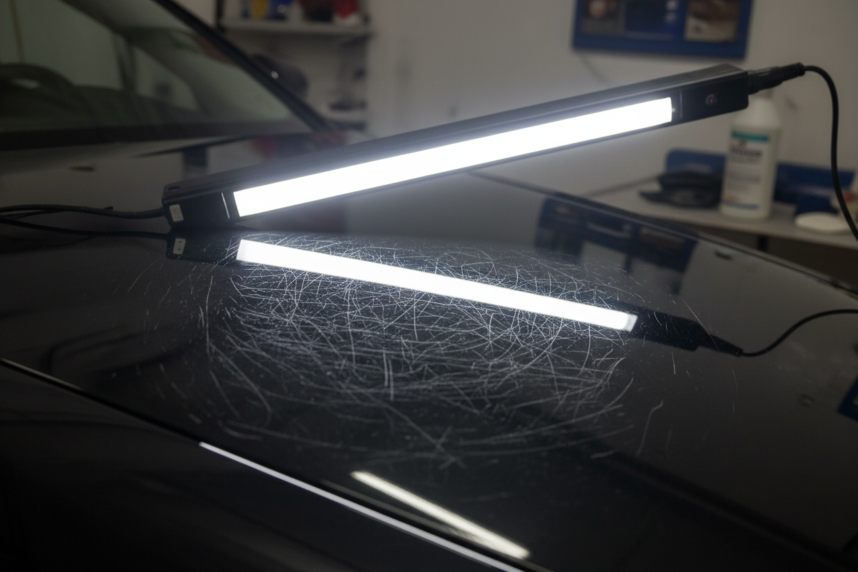LED paint correction light revealing swirl marks before polish correction process