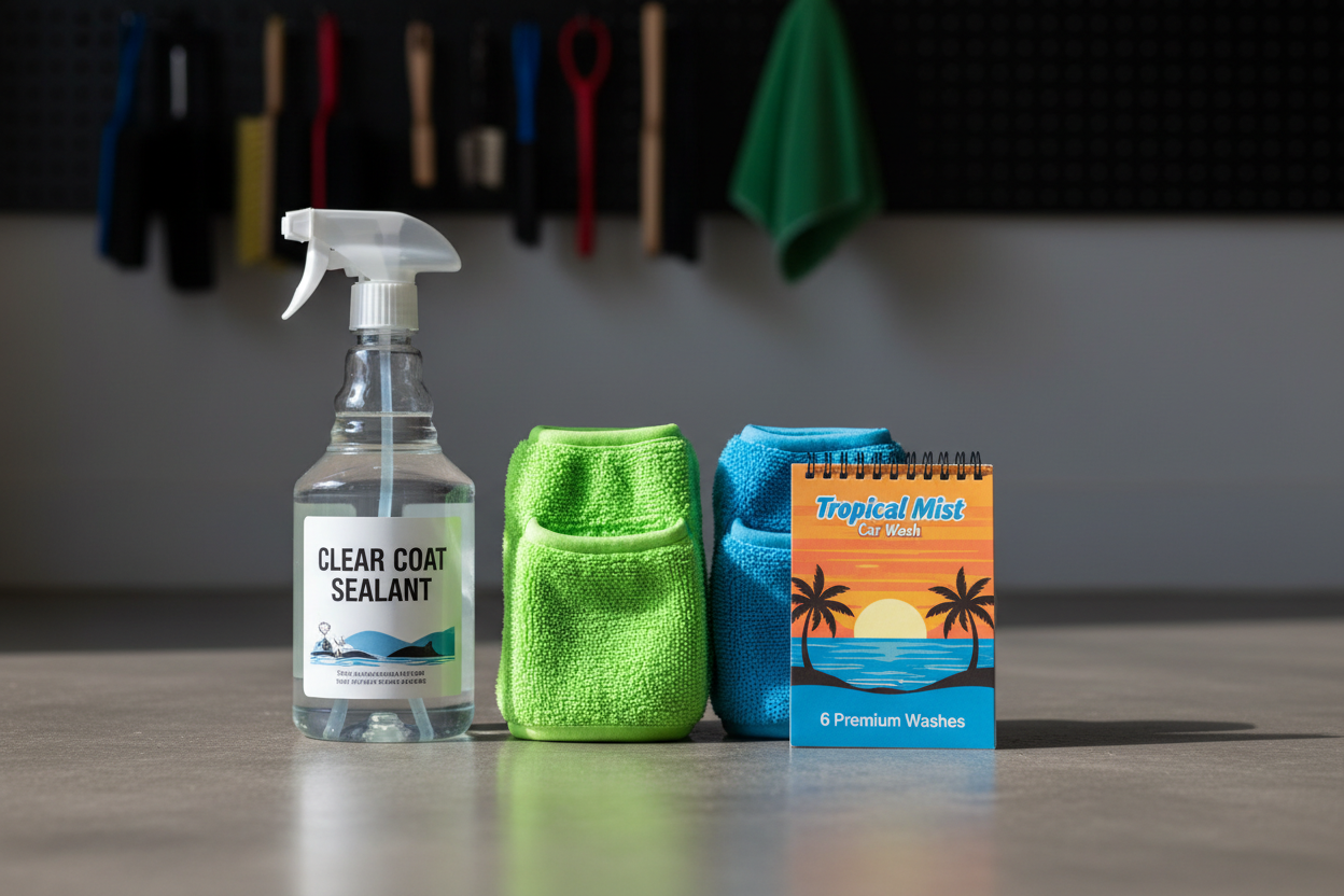 Clear coat spray bottle and wheel mitts lined up beside Tropical Mist wash ticket booklet