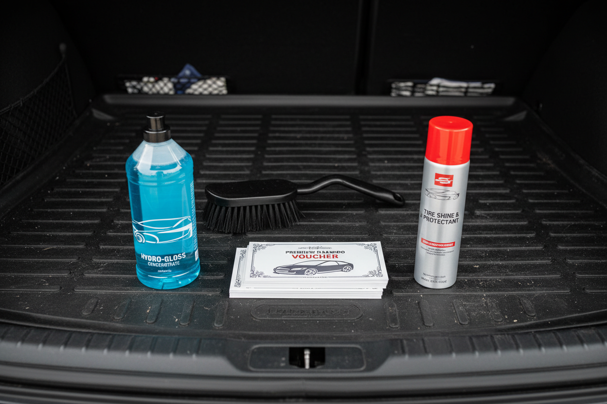 Kit arranged on trunk mat: shampoo vouchers, concentrate bottle, brush attachment, spray can
