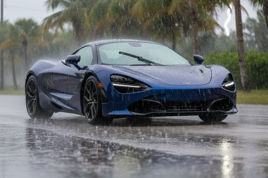 Ceramic-coated car with extreme hydrophobic water shedding in heavy Florida rain