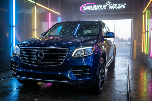 Shiny SUV exiting Sparkle Car Wash tunnel with water beading off ceramic-treated hood