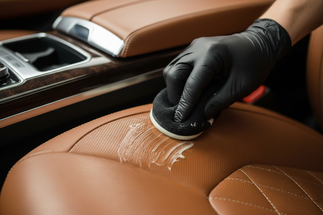 Luxury leather seats being conditioned with microfiber applicator, satin finish emerging